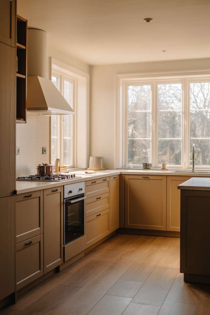 2026 Kitchen Trends: Warm, Textured, and Lived-In Spaces 1 Warm neutral kitchen with putty cabinets and white oak floors