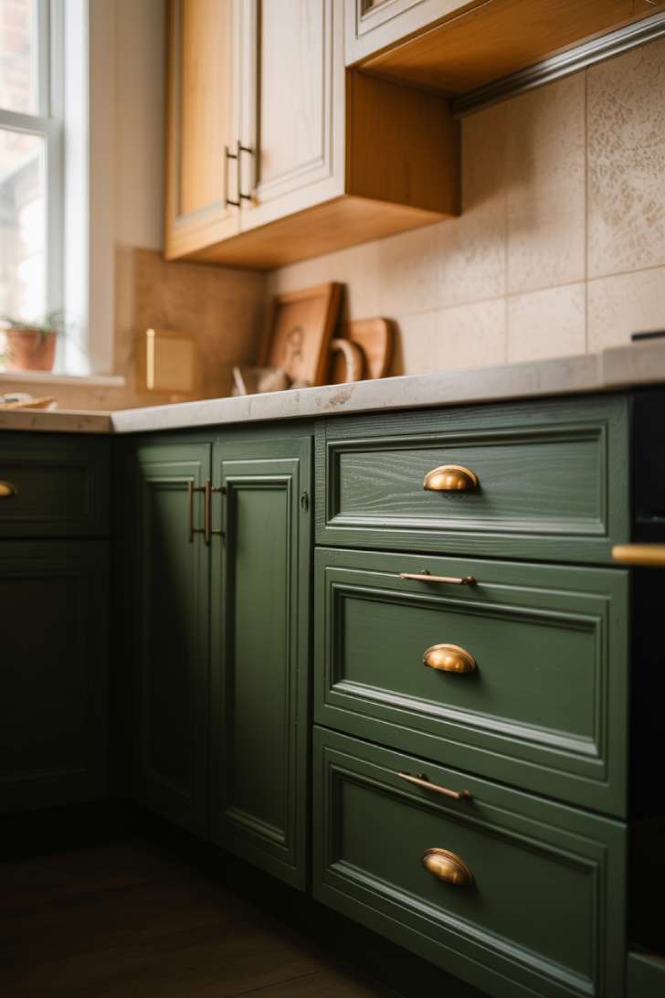 2026 Kitchen Trends: Warm, Textured, and Lived-In Spaces 2 Forest green kitchen cabinets with brass hardware and cream uppers