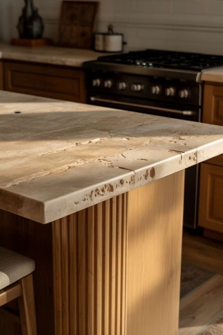 2026 Kitchen Trends: Warm, Textured, and Lived-In Spaces 3 Travertine waterfall countertop with fluted oak cabinet base