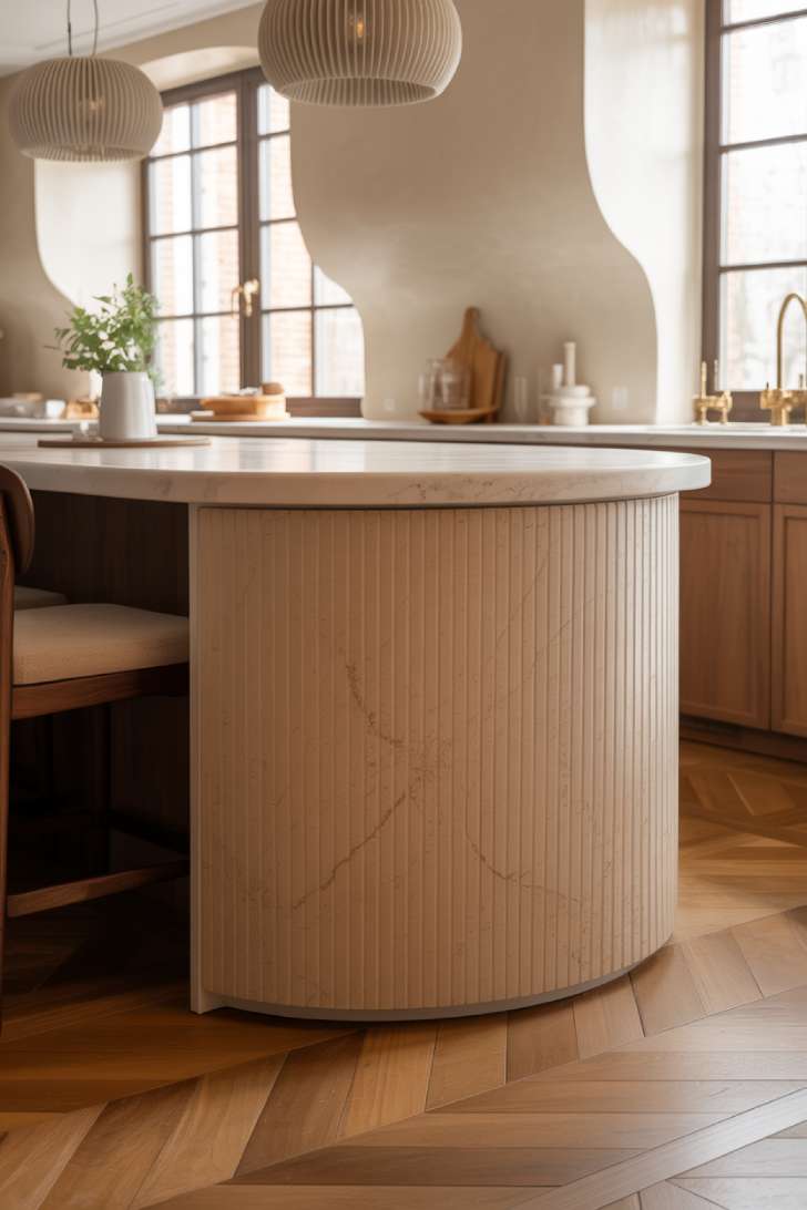 2026 Kitchen Trends: Warm, Textured, and Lived-In Spaces 4 Curved kitchen island with beige quartzite and herringbone oak floors
