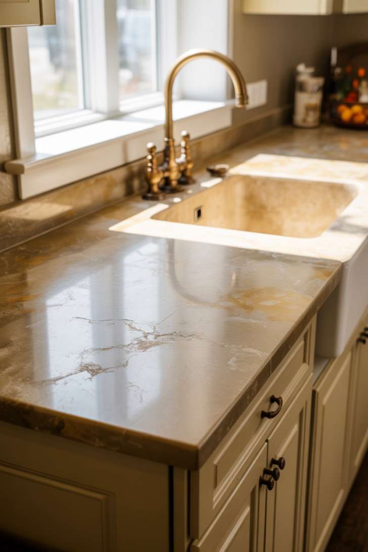 2026 Kitchen Trends: Warm, Textured, and Lived-In Spaces 6 Honed beige quartzite countertop with gold veining and brass faucet