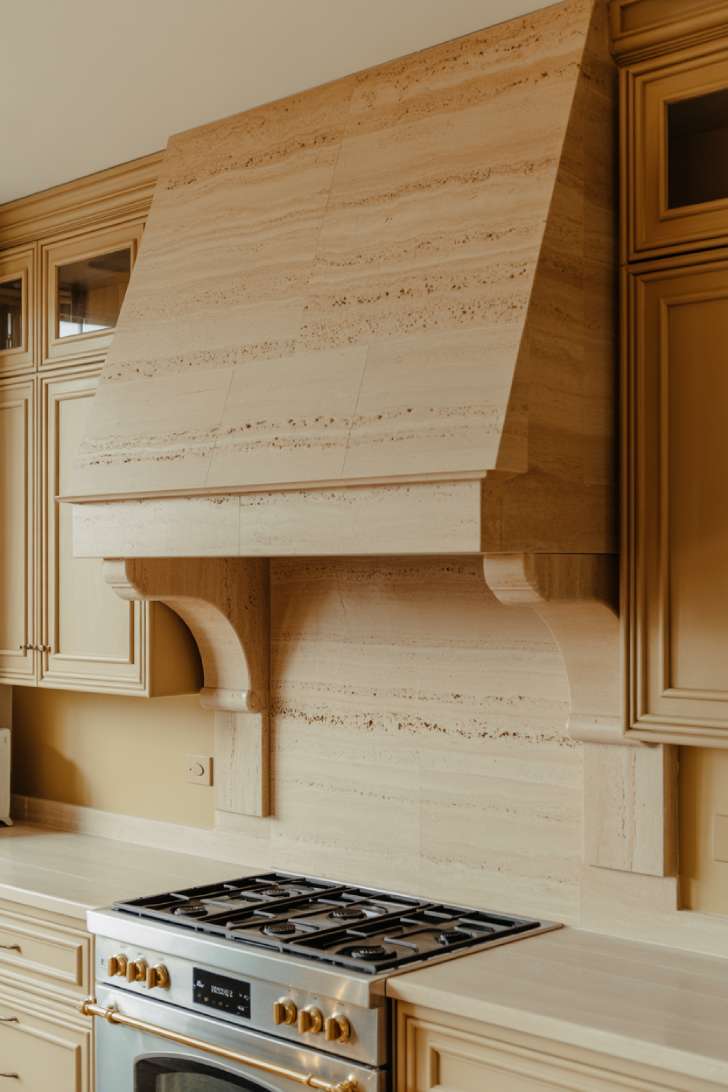 2026 Kitchen Trends: Warm, Textured, and Lived-In Spaces 7 Full-height travertine slab backsplash with integrated shelf behind range