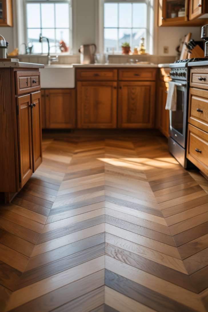 2026 Kitchen Trends: Warm, Textured, and Lived-In Spaces 8 Wide-plank white oak herringbone kitchen flooring with honey finish