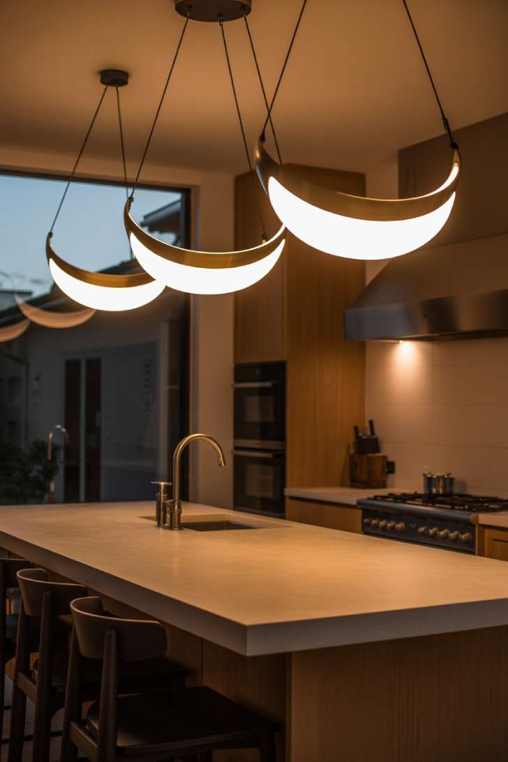 2026 Kitchen Trends: Warm, Textured, and Lived-In Spaces 9 Curved brass pendant lights above the kitchen island, creating a warm glow