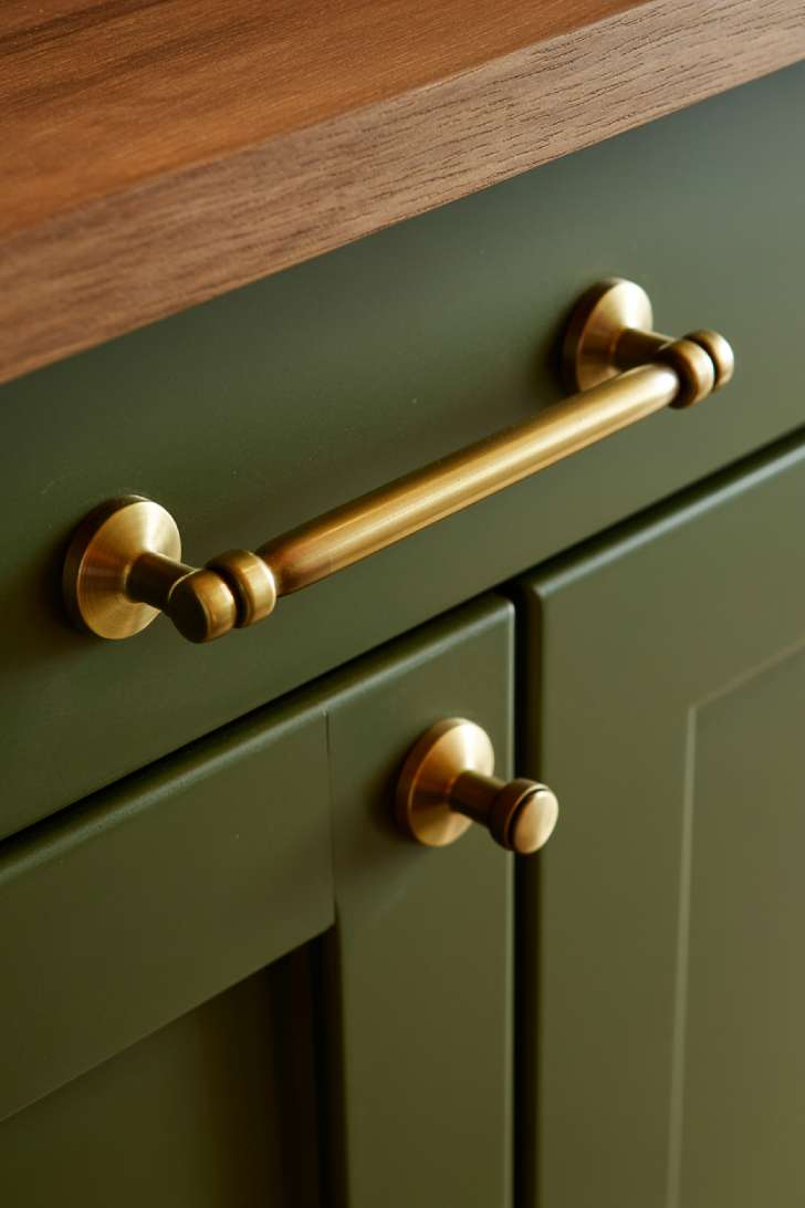 2026 Kitchen Trends: Warm, Textured, and Lived-In Spaces 10 Brushed brass T-bar pull on olive green Shaker cabinet