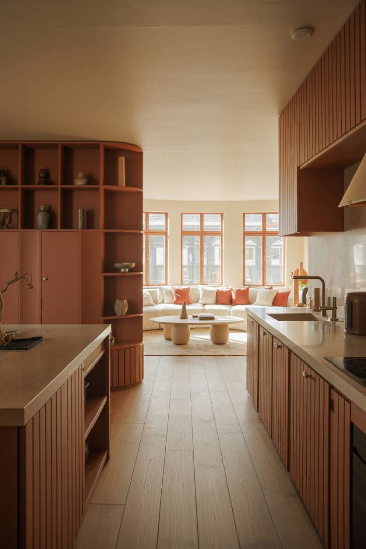 2026 Kitchen Trends: Warm, Textured, and Lived-In Spaces 11 Open kitchen flowing into living room with continuous oak floors and matching cabinetry