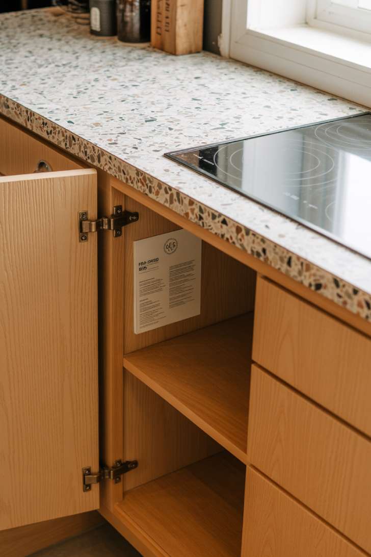 2026 Kitchen Trends: Warm, Textured, and Lived-In Spaces 12 FSC-certified oak cabinets with recycled terrazzo countertop and induction cooktop