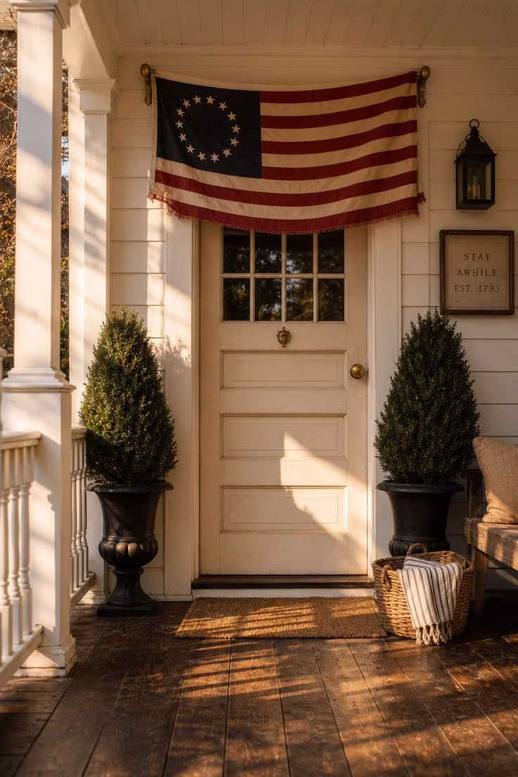 11 Charming 4th of July Front Porch Decor Ideas to Try 1 Weathered 13-star flag draped above a cream craftsman door with brass hardware and warm golden afternoon light.