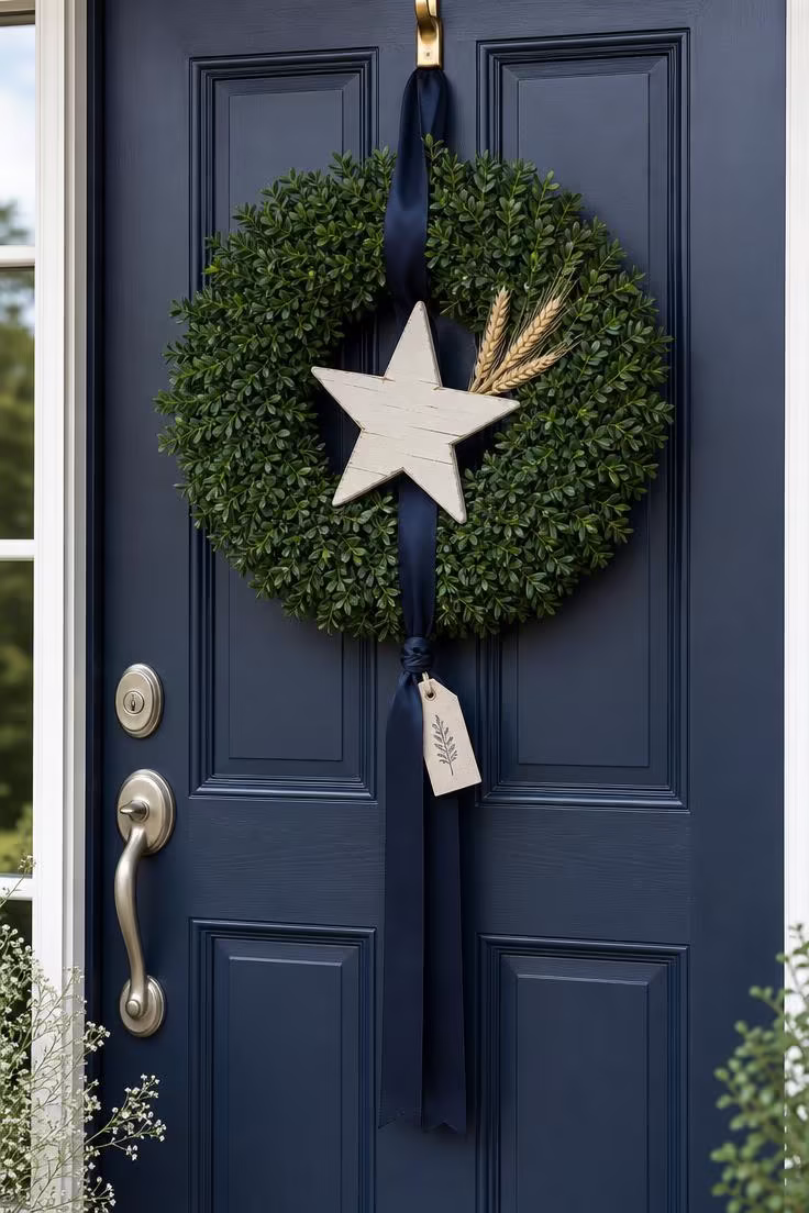 11 Charming 4th of July Front Porch Decor Ideas to Try 2 Boxwood patriotic wreath with reclaimed cedar star and navy ribbon on a deep navy front door under bright midday natural light.