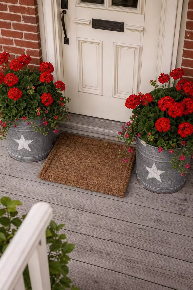 11 Charming 4th of July Front Porch Decor Ideas to Try 3 Pair of star-stenciled galvanized buckets filled with red geraniums flanking a cream porch door under soft diffused light.