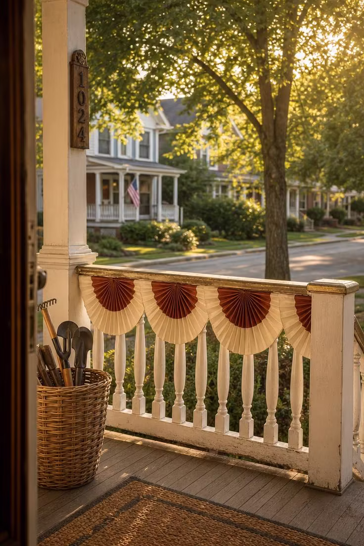 11 Charming 4th of July Front Porch Decor Ideas to Try 4 Pleated cotton bunting fans in brick red and cream along a white porch railing in warm golden afternoon light.