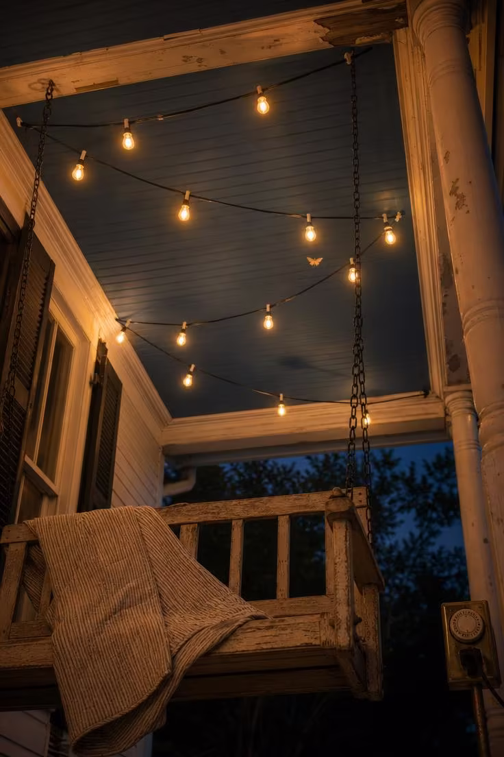 11 Charming 4th of July Front Porch Decor Ideas to Try 5 Edison bulb string lights zigzagged across a haint-blue porch ceiling, glowing amber in moody low light just after sunset.