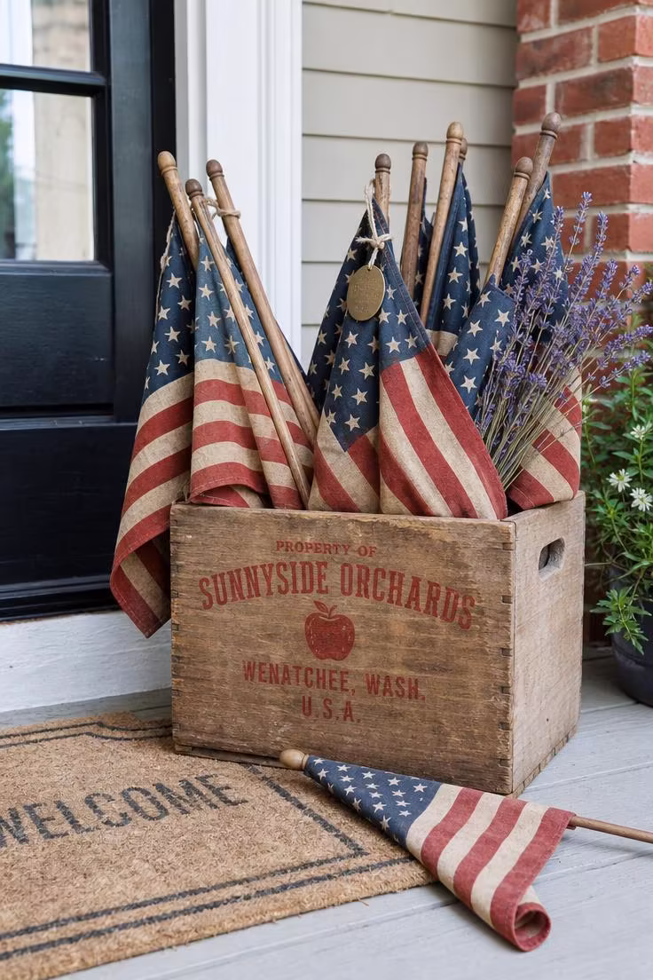 11 Charming 4th of July Front Porch Decor Ideas to Try 6 Vintage apple crate filled with cotton hand-held American flags beside a coir welcome mat in bright midday natural light.