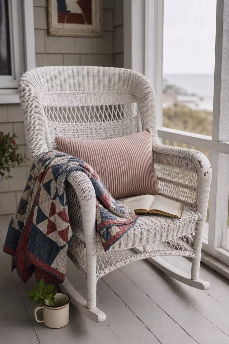 11 Charming 4th of July Front Porch Decor Ideas to Try 7 White wicker rocker with a faded red ticking-stripe lumbar pillow and folded quilt in soft diffused morning light.