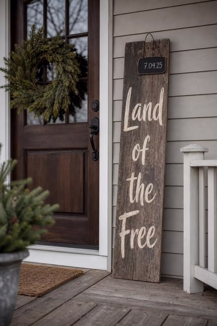 11 Charming 4th of July Front Porch Decor Ideas to Try 8 Hand-lettered "Land of the Free" cedar plank sign leaning beside a porch door under cool overcast morning light.
