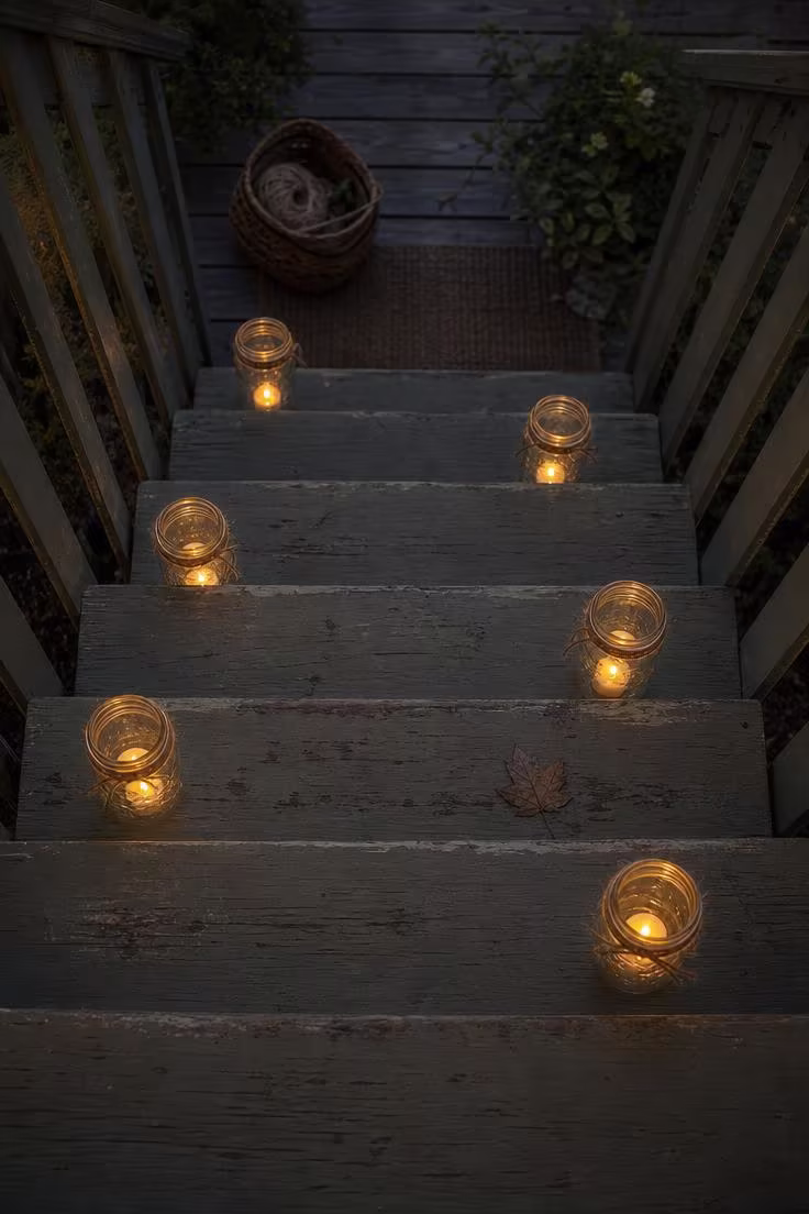 11 Charming 4th of July Front Porch Decor Ideas to Try 9 Mason jar lanterns with twine-wrapped necks and warm LED tea lights lining painted porch steps at twilight, moody low light.