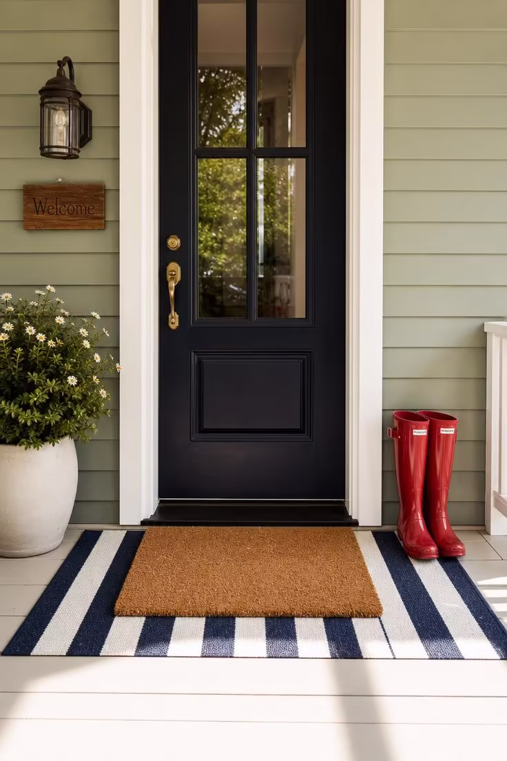 11 Charming 4th of July Front Porch Decor Ideas to Try 10 Navy and white striped runner rug under a coir doormat in front of a sage porch door in bright midday natural light.