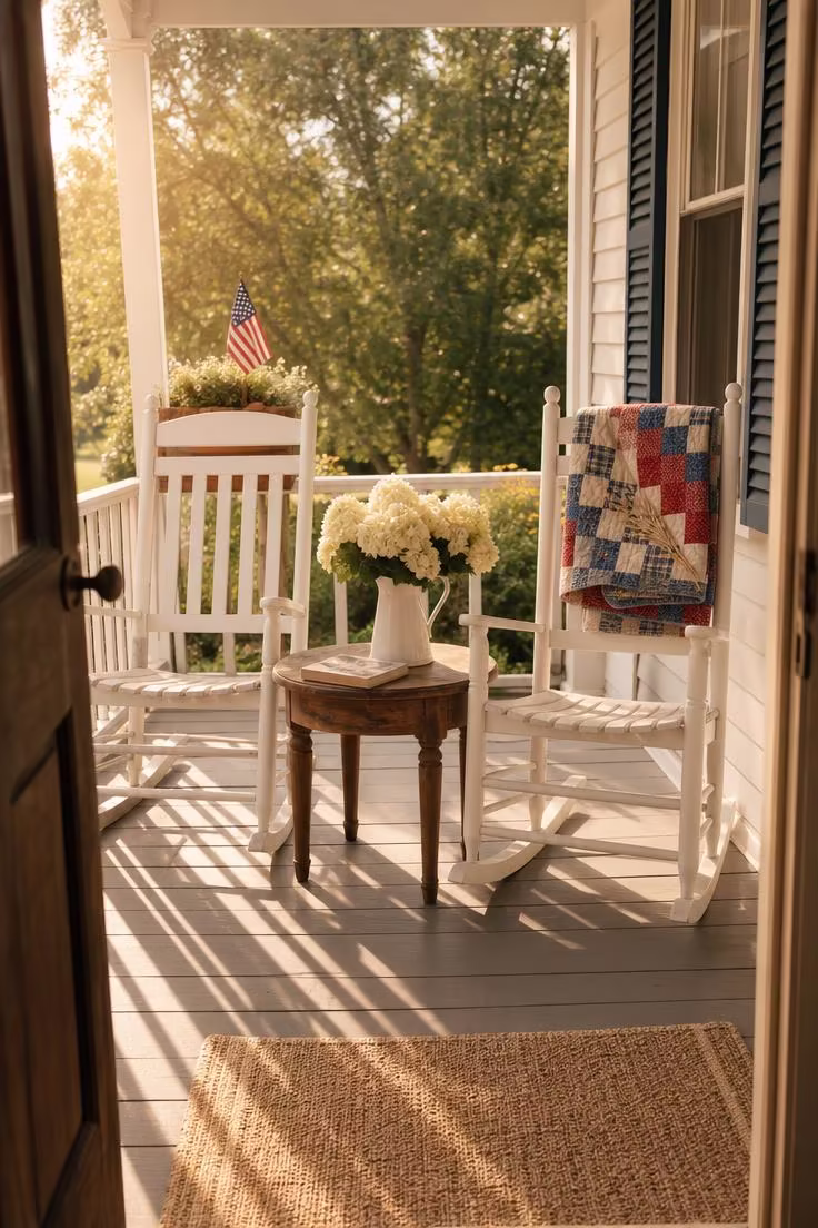 11 Charming 4th of July Front Porch Decor Ideas to Try 11 Pair of white rocking chairs with a folded faded patriotic quilt on a porch in warm golden afternoon light.