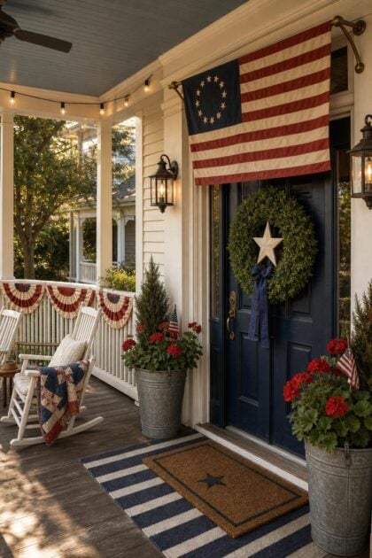 11 Charming 4th of July Front Porch Decor Ideas to Try Cream craftsman porch with vintage american flag, boxwood wreath, geraniums, bunting, and rockers in warm golden afternoon light.