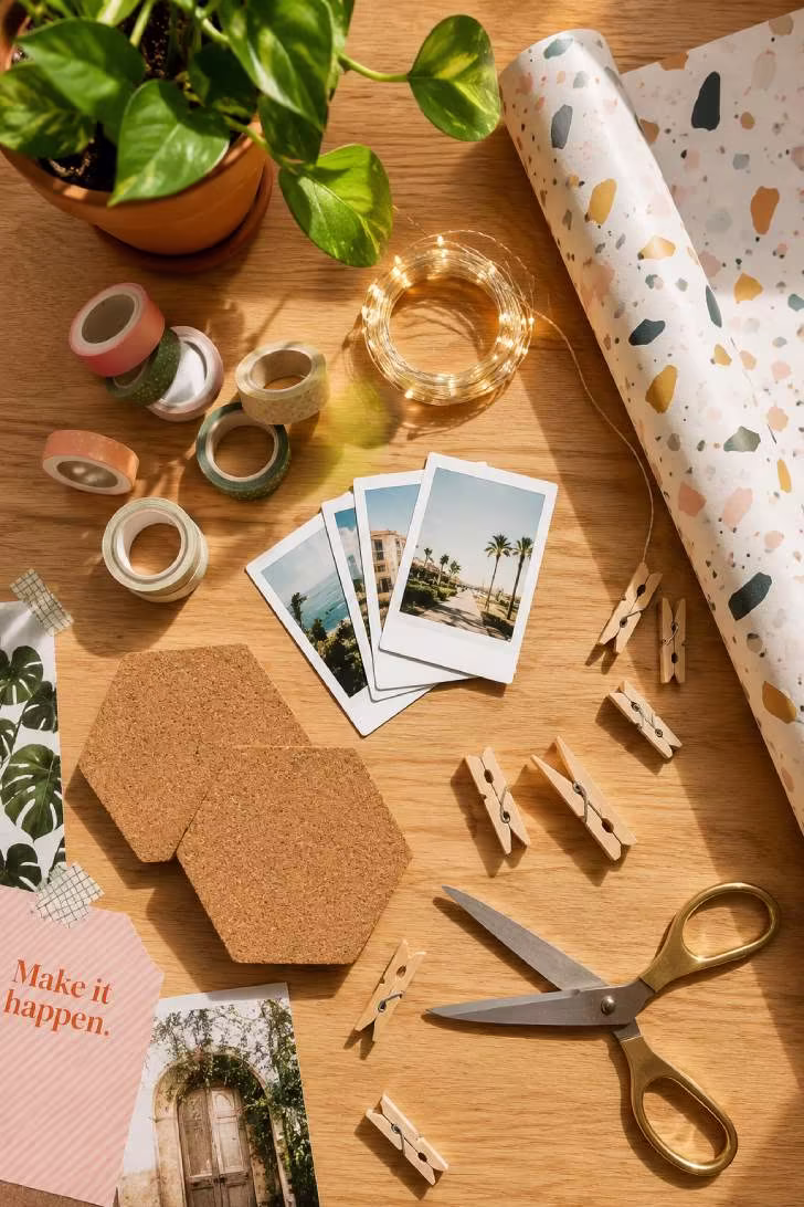 Crafting scene on a dorm room wooden table featuring a potted plant, postcards, washi tape, scissors, string lights, cork coasters, and decorative paper.