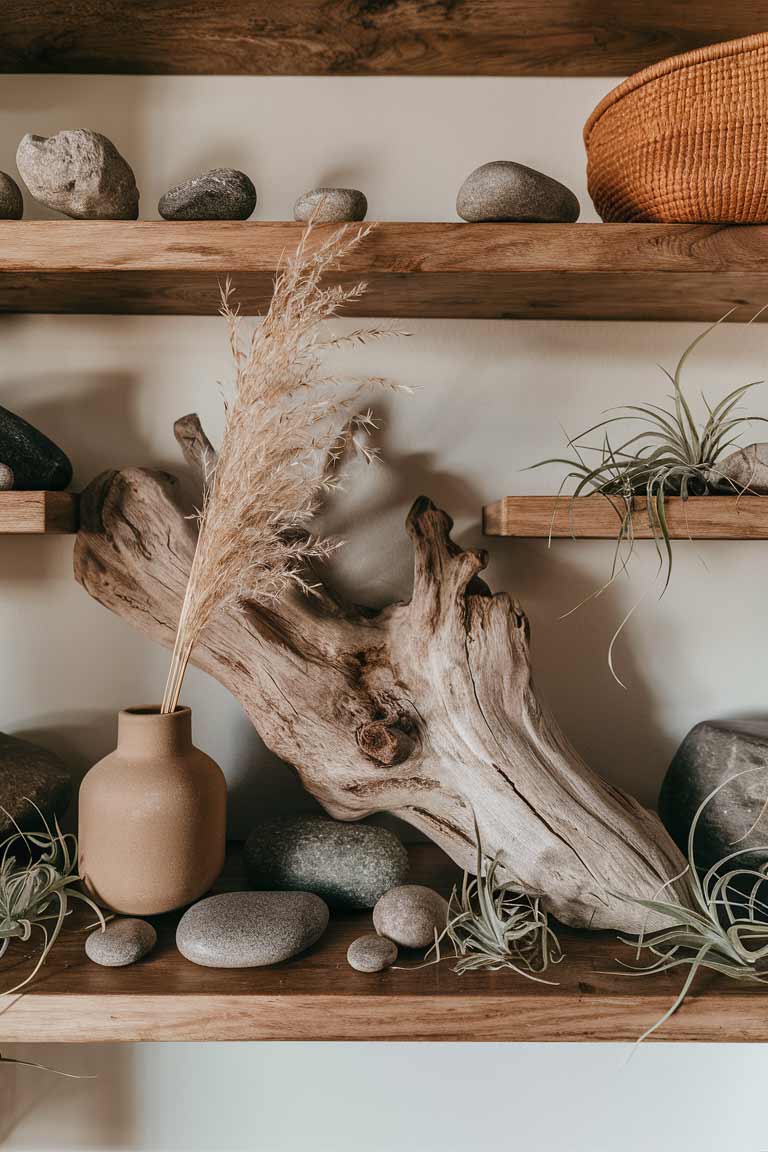 A wooden shelf mounted on a white wall, displaying a carefully curated collection of natural objects. A piece of weathered driftwood takes center stage, accompanied by a few smooth river stones of varying sizes. A small ceramic vase holds a single stem of dried pampas grass, adding a soft, feathery texture to the arrangement.