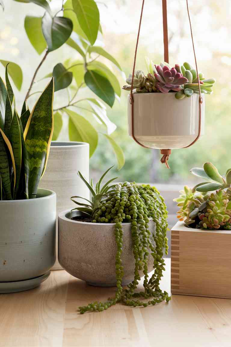 A close-up shot of various planters arranged on a light wooden surface. The planters showcase a range of Japandi-inspired designs: a tall, cylindrical ceramic pot in soft gray; a low, wide concrete planter with a rough texture; a simple wooden box planter; and a sleek, white ceramic hanging planter. Each contains a different type of plant, from a snake plant to succulents, showcasing how the planters complement the greenery without overpowering it.