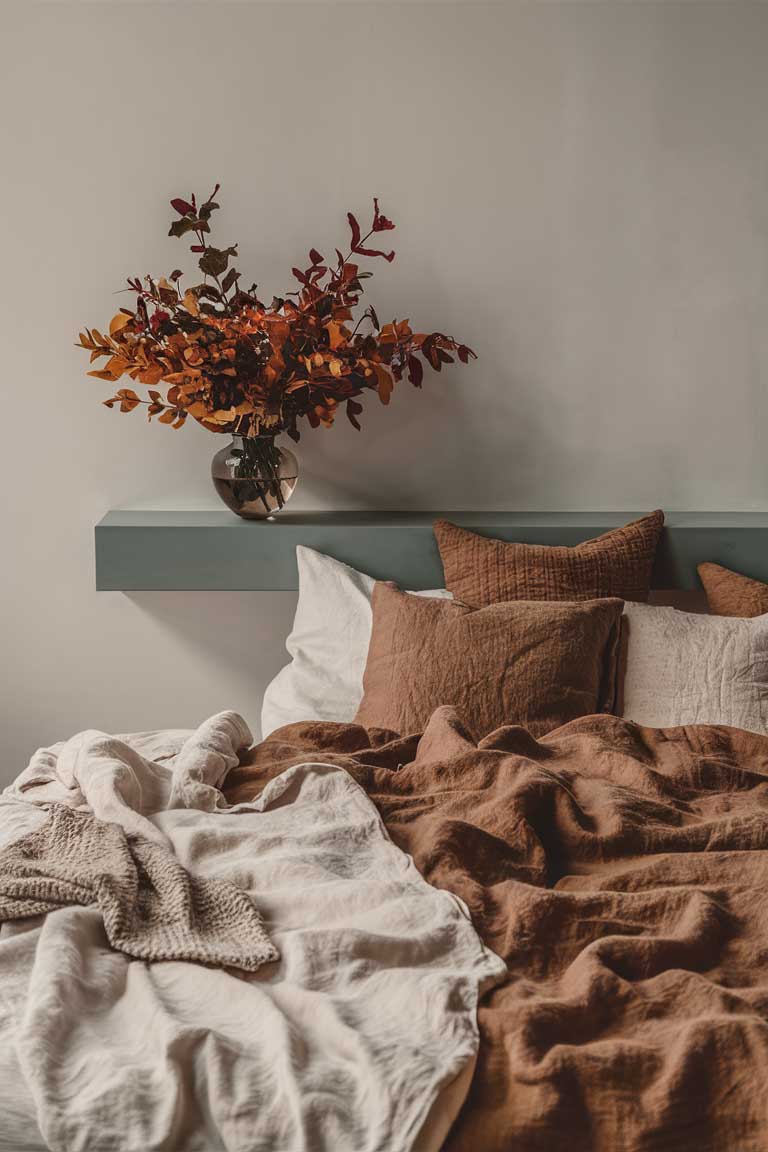 A tiny bedroom showing signs of a seasonal refresh. Summer linens have been swapped for cozy autumn bedding, and a small vase with fall foliage sits on a floating shelf, reflecting the change of seasons.