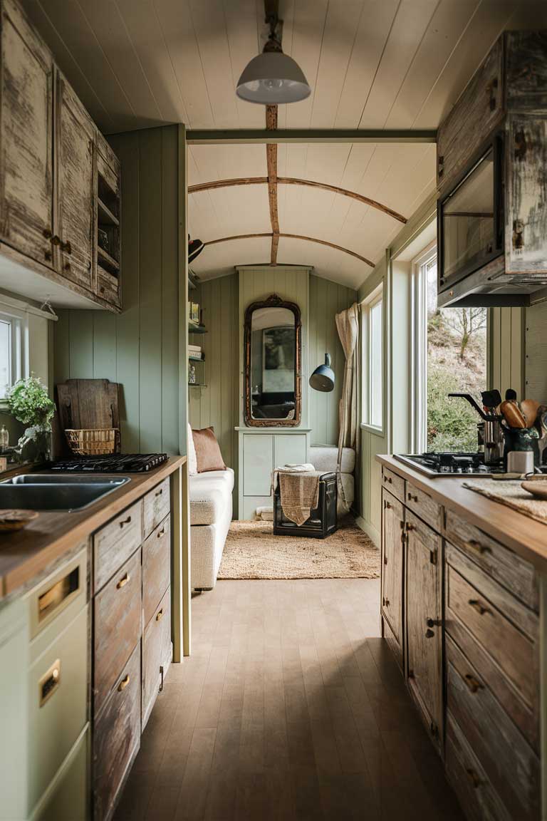 A view of a tiny house interior showing the transition between the kitchen and living area. The color palette is consistent, with muted greens and creams throughout. Vintage brass hardware is visible on kitchen cabinets and a modern side table in the living area. An ornate vintage mirror in the background is balanced by a sleek, modern floor lamp in the foreground.