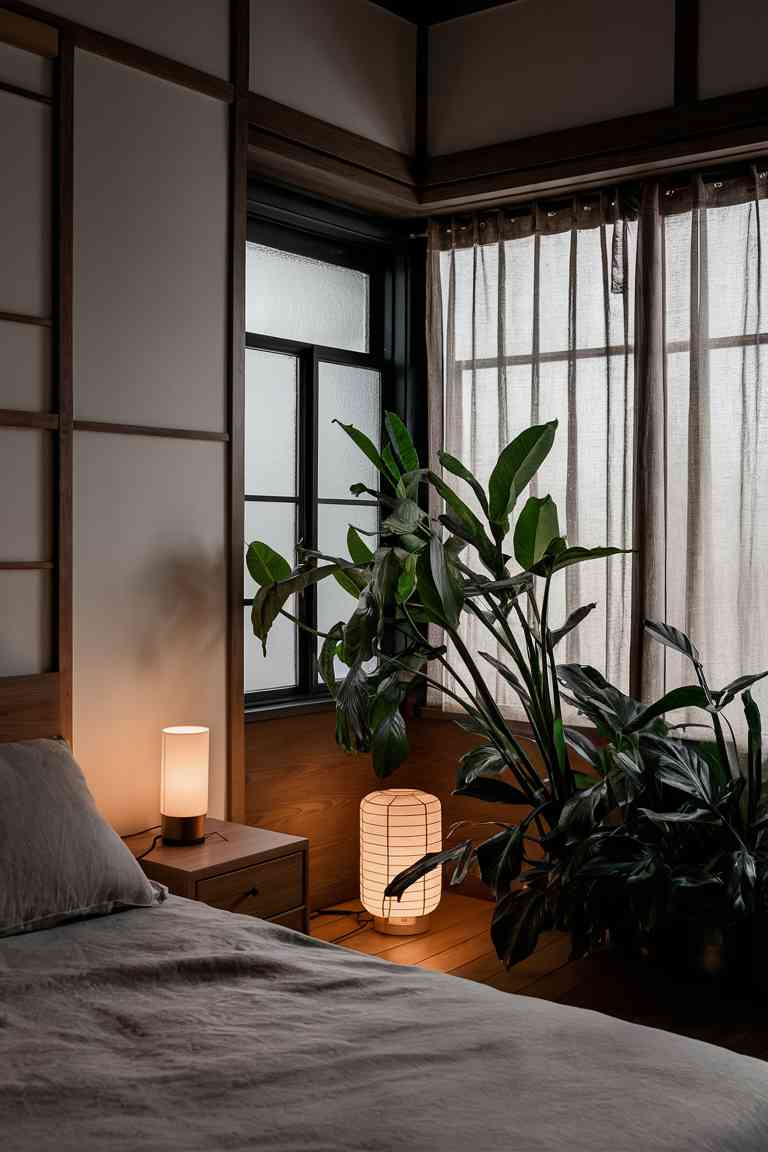 A Japandi bedroom corner showcasing various lighting elements. A large window with sheer linen curtains filters soft natural light into the room. Near the window, a tall indoor plant thrives in the bright conditions. On the nightstand, a minimalist table lamp with a wooden base and a simple white shade provides task lighting. In the background, a paper lantern floor lamp casts a warm, ambient glow. The lighting setup highlights the room's neutral color palette and emphasizes the lush green of the plants.