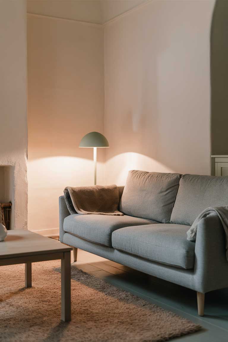 A minimalist living room with a light gray sofa, a light wood coffee table, and a pastel-colored floor lamp in the corner. The room features white walls and a soft beige rug, creating a warm, inviting atmosphere.