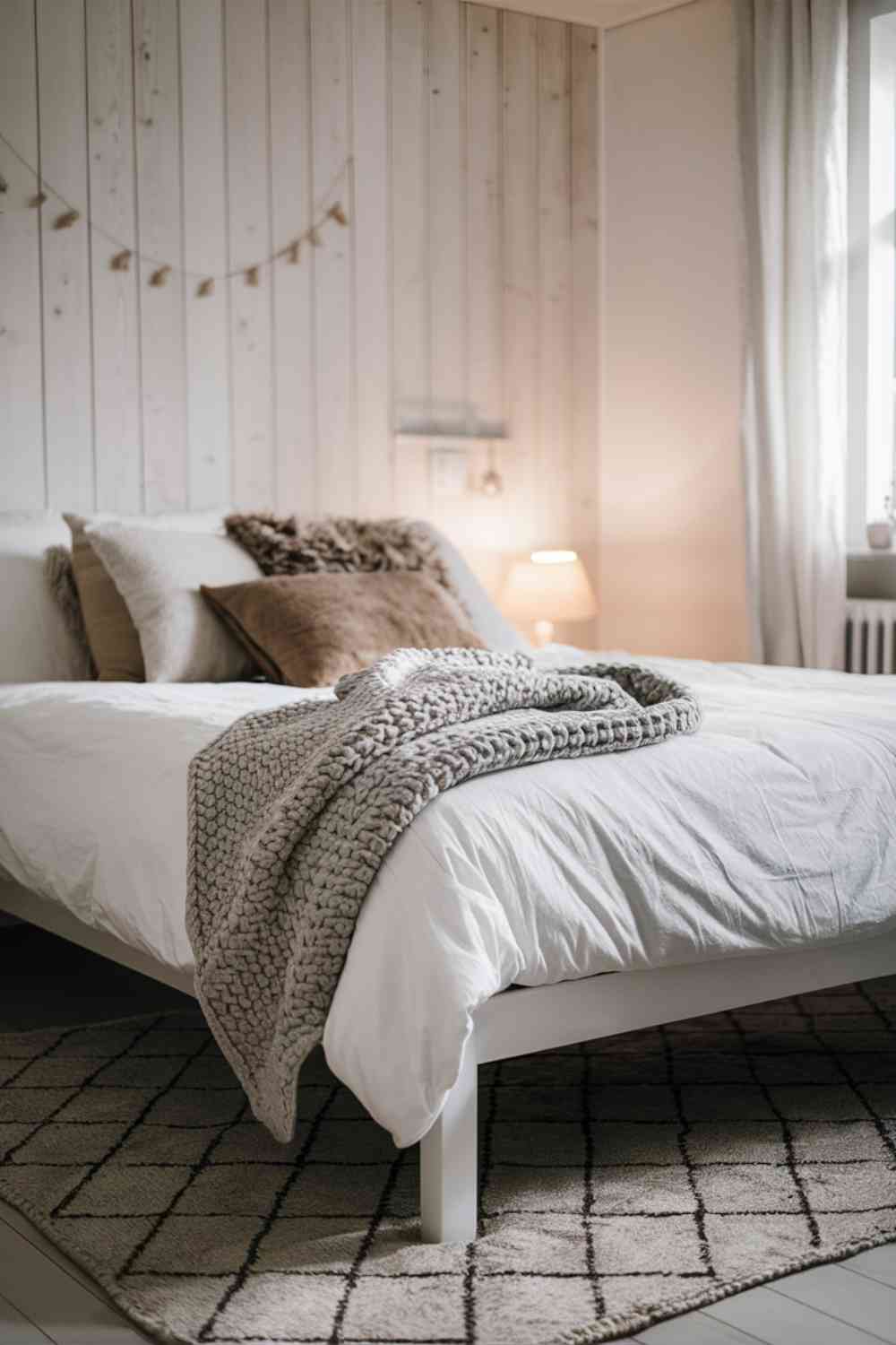 A close-up of a Scandinavian minimalist bed showcasing various textures. The bed is made with crisp white linen sheets, topped with a chunky knit throw in light gray. Several pillows in different textures - linen, velvet, and a subtle striped pattern - are arranged at the head of the bed. A soft, geometric patterned rug peeks out from under the bed.