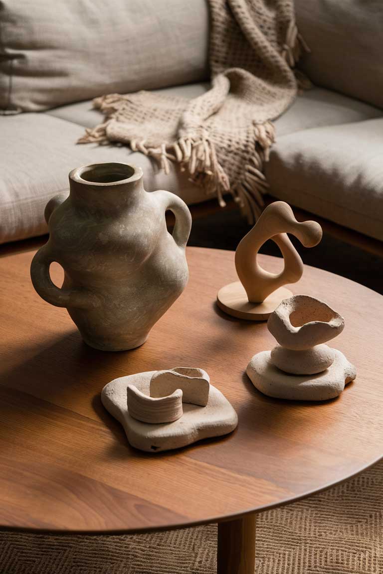 A close-up of a wooden coffee table displaying a collection of handmade items. There's a large, irregularly shaped ceramic vase in a matte earthy glaze, a small wooden sculpture with smooth, organic curves, and a stack of handmade ceramic coasters. A textured organic cotton throw is draped over the corner of a nearby sofa, adding softness to the scene.