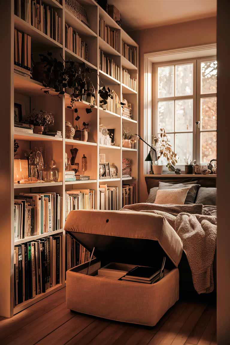 A small bedroom. A floor-to-ceiling shelving unit covers one wall, filled with neatly organized items. A stylish ottoman at the foot of the bed is shown open, revealing storage inside.