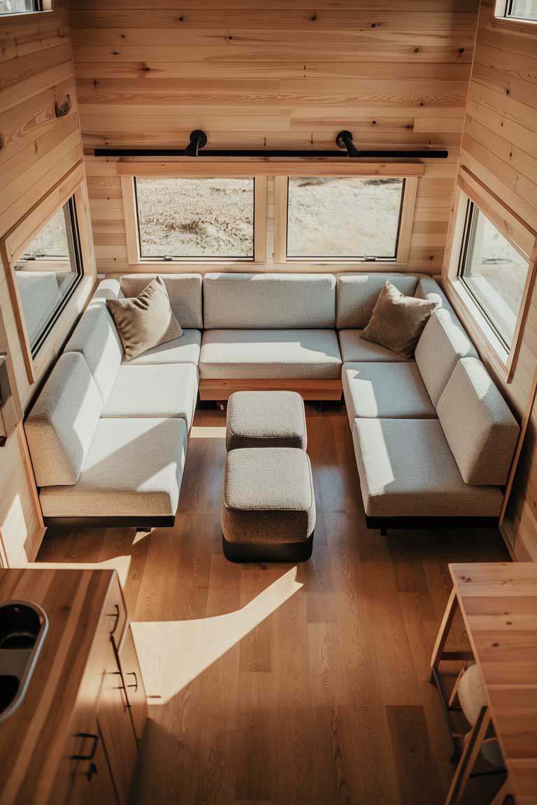 A clever tiny house living room seating arrangement. A compact L-shaped sectional fits snugly in the corner, maximizing seating without overwhelming the space. A pair of sleek ottomans serve as both extra seating and coffee tables. The furniture is low-profile, maintaining an open feel in the room.