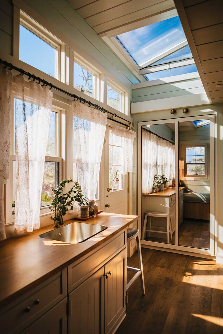 A tiny house interior bathed in natural light. Large windows are dressed with light, gauzy curtains that filter the sunlight. A large mirror is placed opposite the windows, reflecting light and making the space feel larger. In the loft area, a skylight is visible, bringing additional brightness to the upper level. The overall effect is bright, airy, and spacious despite the small square footage.