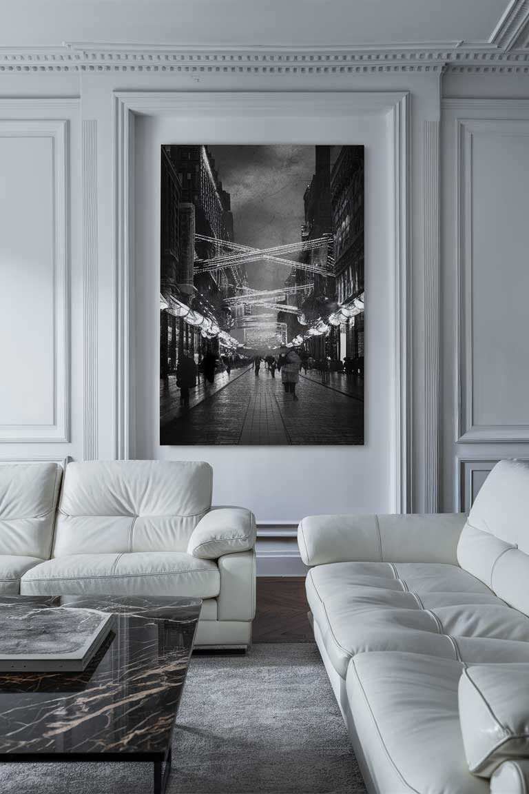 A living room with white walls, a marble coffee table, and a white leather sofa. A single large black-and-white photograph hangs on the wall.