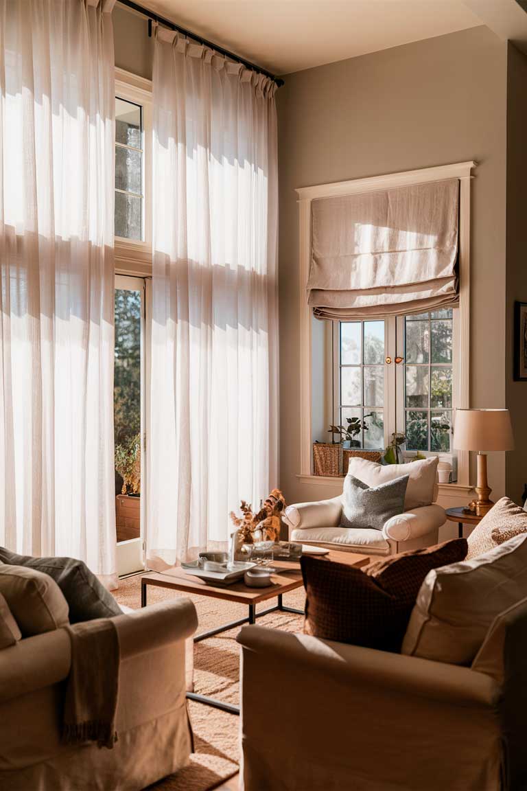 A small living room with a large window dressed in floor-to-ceiling sheer white curtains. To one side, a smaller window features an elegant Roman shade in a light linen fabric. Natural light filters through both, creating a bright and airy atmosphere.