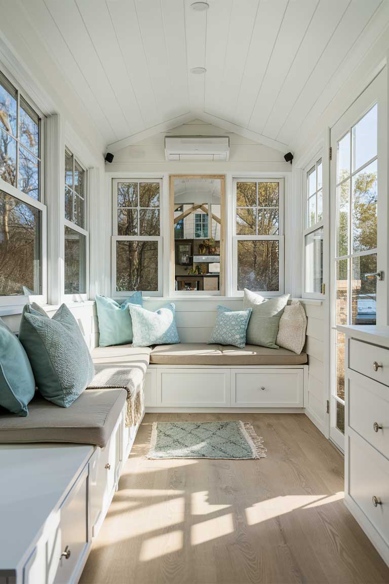 A warm and inviting modern tiny house living room featuring earthy tones. A leather sofa in rich brown sits against a textured stone accent wall. Natural wood elements are present in the coffee table and shelving. Green plants add life to the space, while soft lighting creates a cozy ambiance.