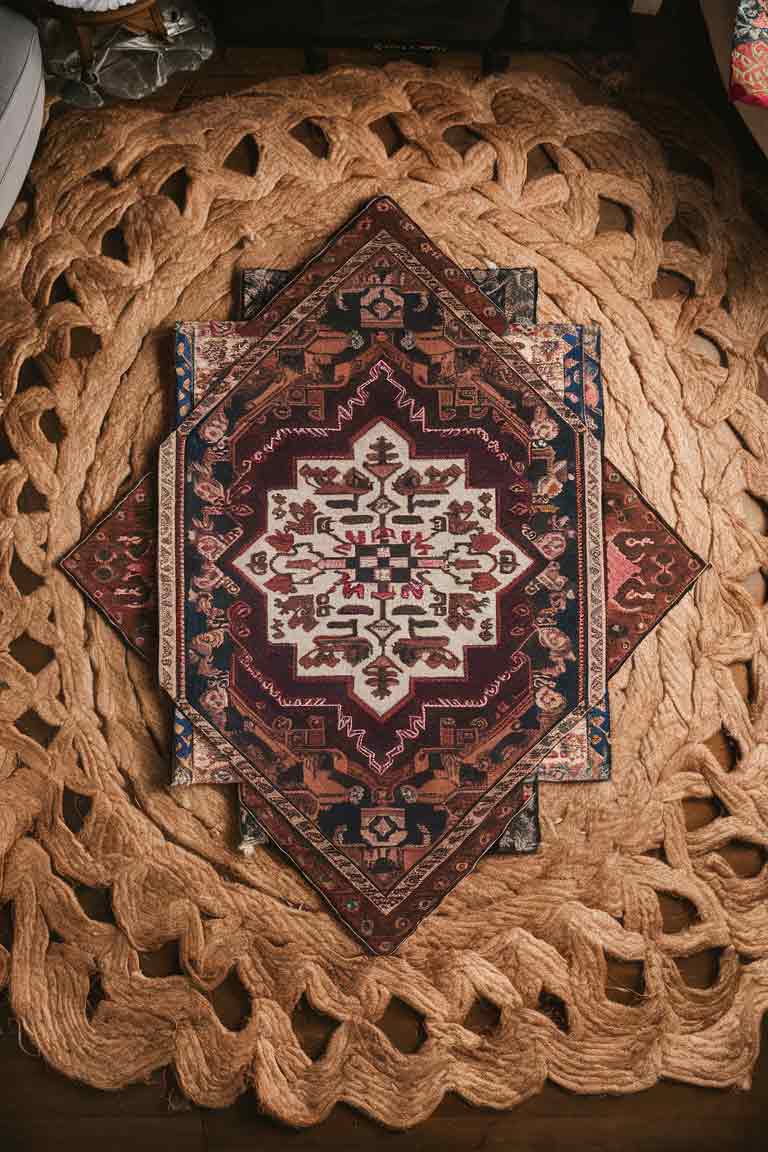 A close-up shot of a tiny house living room floor showcasing layered rugs. There is a large jute rug as a base with a smaller, colorful vintage-style rug layered on top. The contrast in textures and patterns is clearly visible.