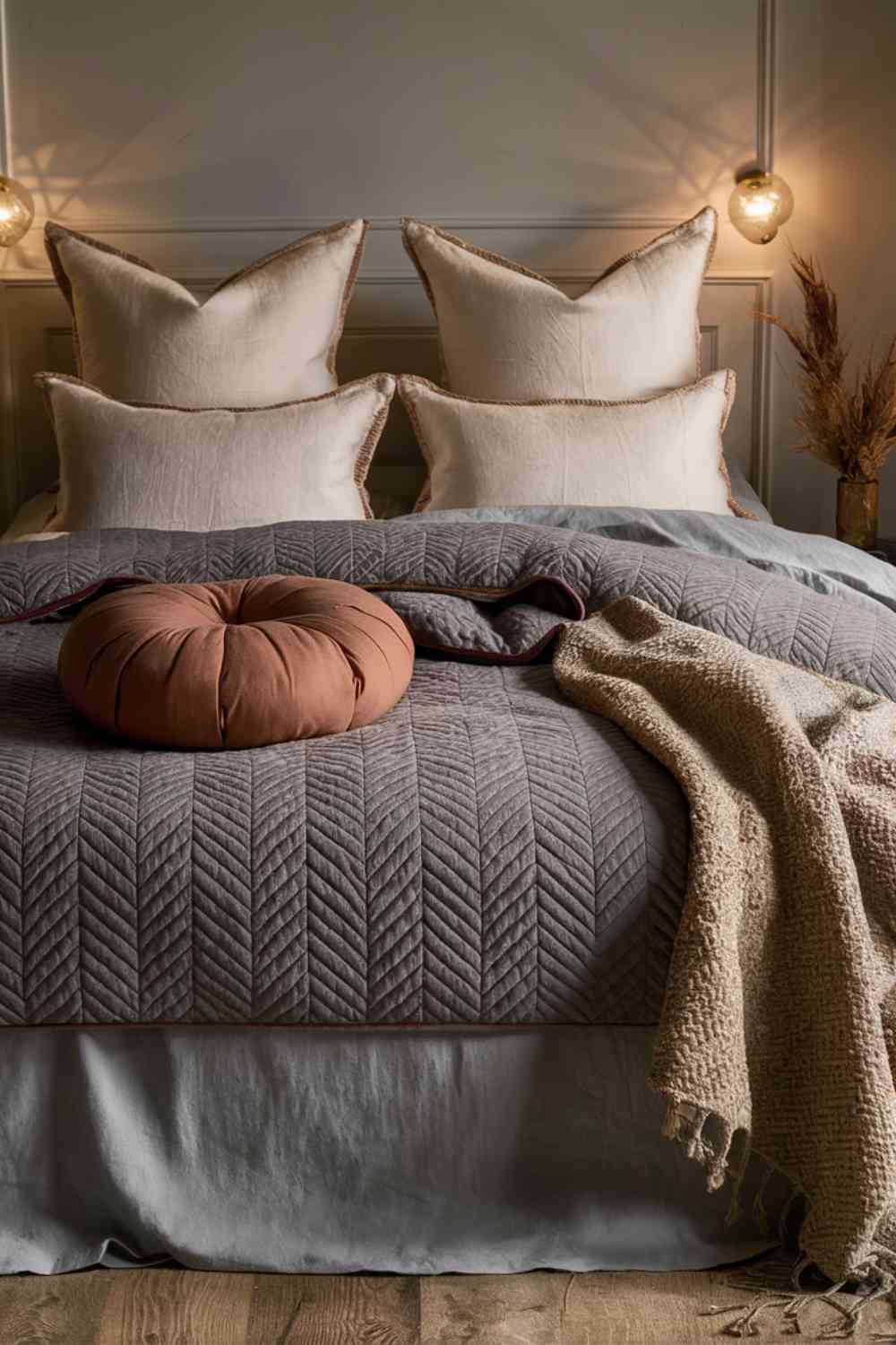 A beautifully made bed with layers of cozy textiles. The base is a set of warm grey flannel sheets, topped with a quilted coverlet in a subtle herringbone pattern. A plush duvet in a muted pumpkin color is folded at the foot of the bed. Two Euro pillows in cream linen are propped against the headboard, with standard pillows in matching warm grey flannel in front. The overall effect is inviting and autumnal without being overly themed.