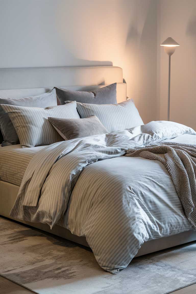 A bed with pinstripe sheets in pale grey and white, topped with a solid light grey duvet. The subtle pattern adds interest without disrupting the overall minimalist aesthetic.