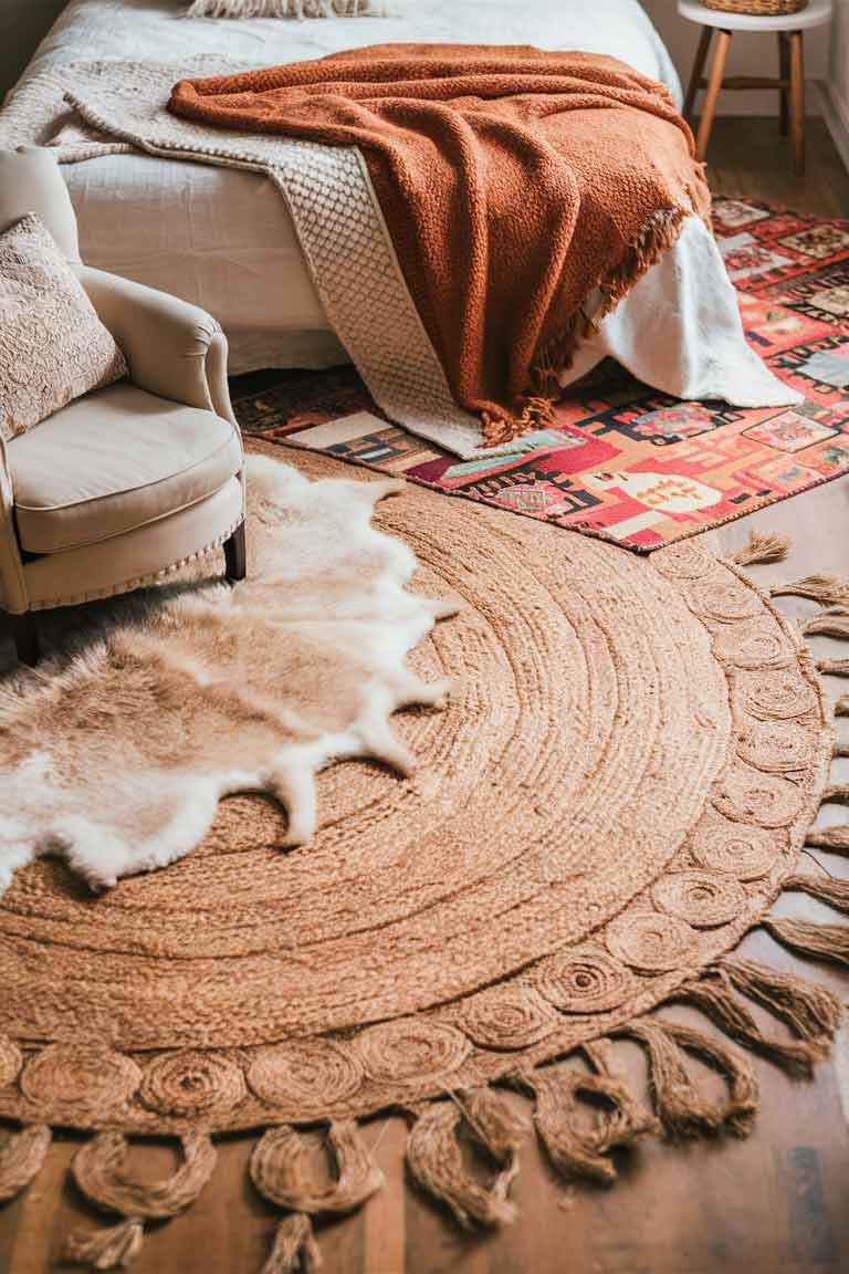 A tiny house bedroom floor showcasing layered rugs. A large neutral jute rug covers most of the floor, with a smaller, colorful kilim rug layered on top near the bed. In front of a small armchair, a small, round sheepskin rug adds another layer of texture.