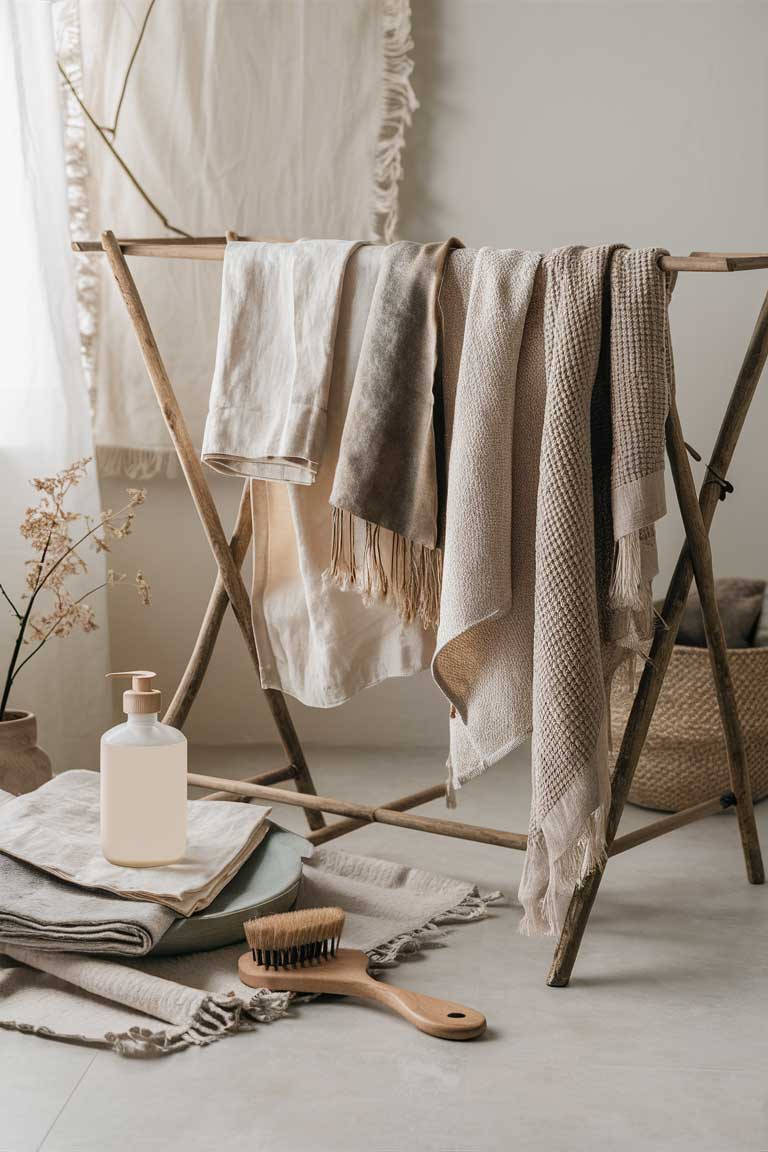 A styled image showing the care process for japandi textiles. A wooden drying rack holds various natural fiber textiles - a linen sheet, a wool throw, and cotton pillowcases. Next to it, a glass bottle of mild detergent and a soft bristle brush represent gentle cleaning methods.