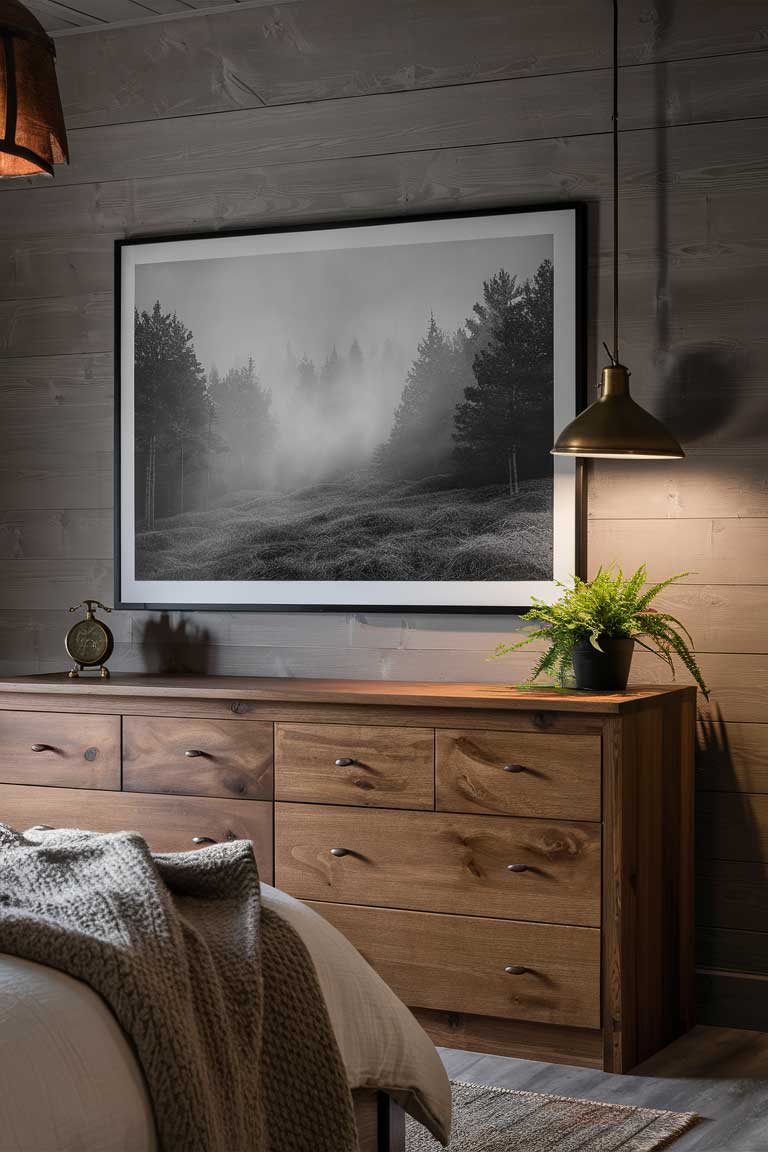 A bedroom wall featuring a large, framed black and white photograph of a misty forest. The photograph takes up most of the wall space above a simple wooden dresser. The stark contrast of the image complements the room's minimalist aesthetic while the subject matter enhances the rustic feel.