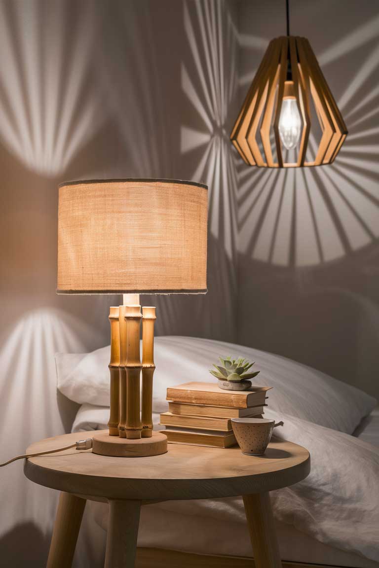 A bedside table made of light wood, featuring a bamboo table lamp with a linen shade. The lamp casts a soft, warm light over a small stack of books and a ceramic cup. In the background, a wooden pendant light hangs from the ceiling, its design casting intricate shadows on the wall.