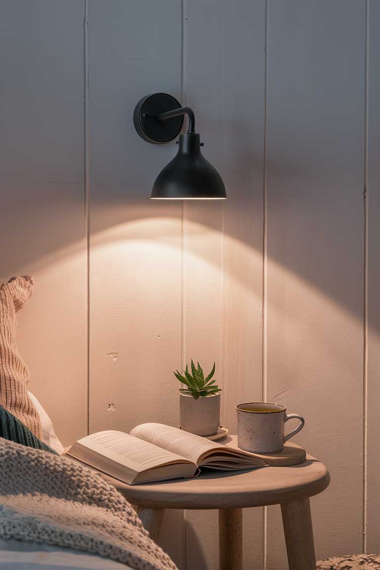 A bedside wall featuring a sleek, black metal wall-mounted sconce. The light is directed downwards onto an open book resting on simple wooden bedside table. The warm glow of the light contrasts beautifully with the cool, white walls.