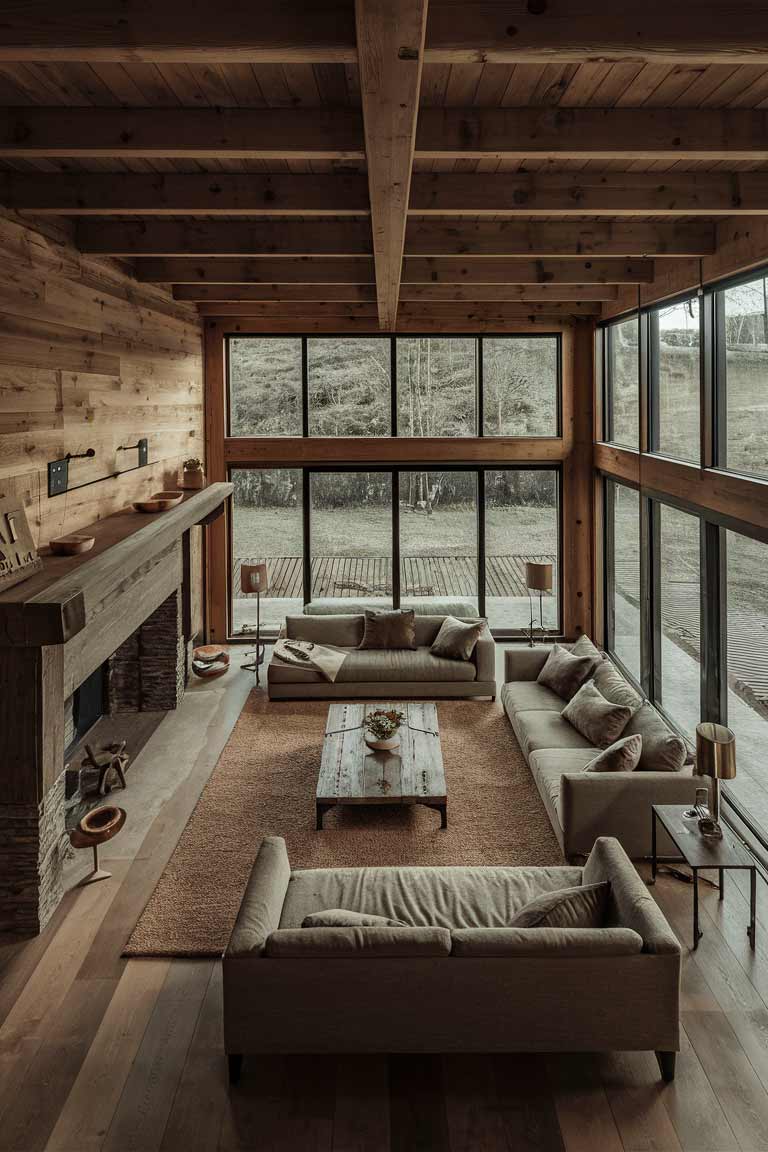 An open-concept rustic minimalist living room, showing the furniture arrangement and flow of the space.