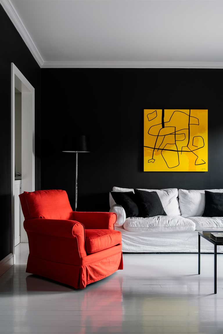 A black and white minimalist living room with a carefully chosen colorful accent.