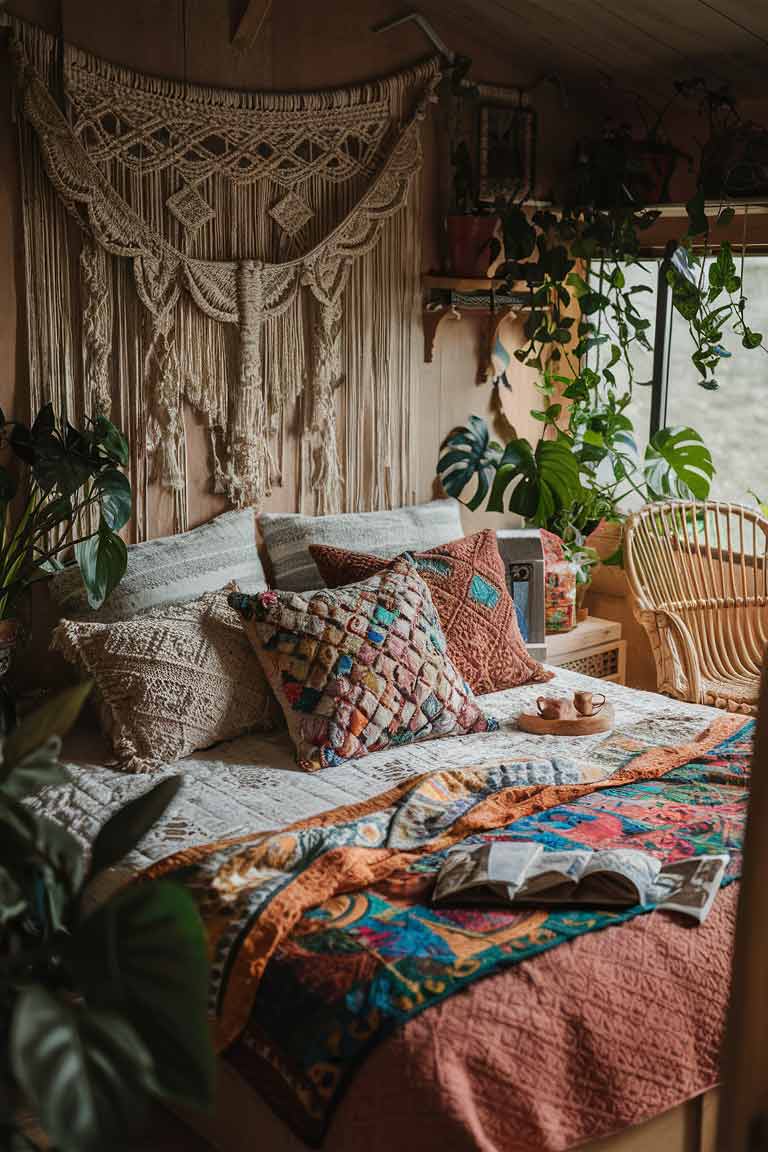 A tiny house bedroom decorated in bohemian style. The bed features a mix of patterned throw pillows and a colorful quilt. Above the bed hangs a large macrame wall hanging. Potted plants are placed around the room, and a rattan chair sits in the corner. The overall feel is eclectic and cozy.]