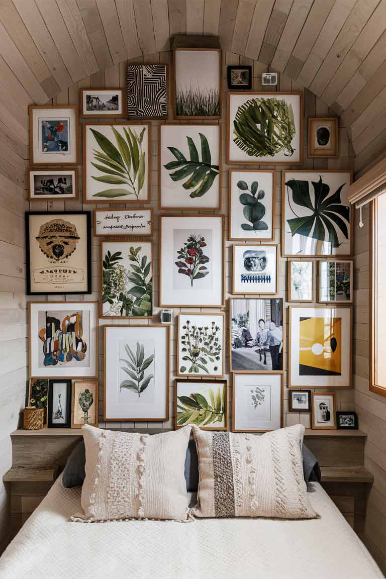 A full wall in a boho tiny house bedroom covered with a gallery of framed artwork. The collection includes vintage botanical prints, modern abstract pieces, and a few personal photographs. The frames are all in natural wood tones, creating a cohesive look despite the eclectic mix of art.